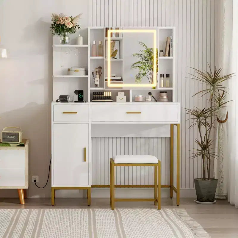 COZONY Coiffeuse avec miroir lumineux et station de charge, Tabouret, tiroirs et meuble de rangement inclus, pour chambre à coucher