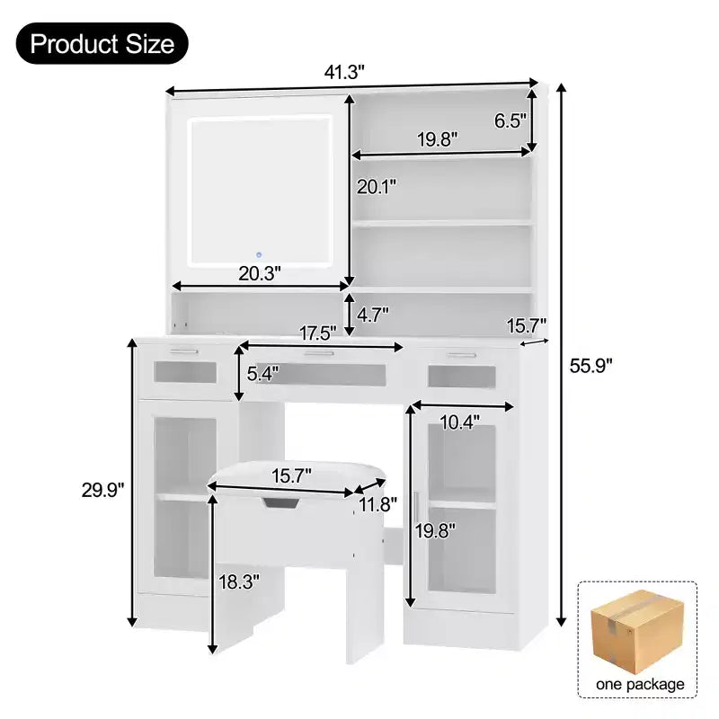Coiffeuse Whisen 41,3 po avec miroir coulissant, 3 tiroirs et armoires