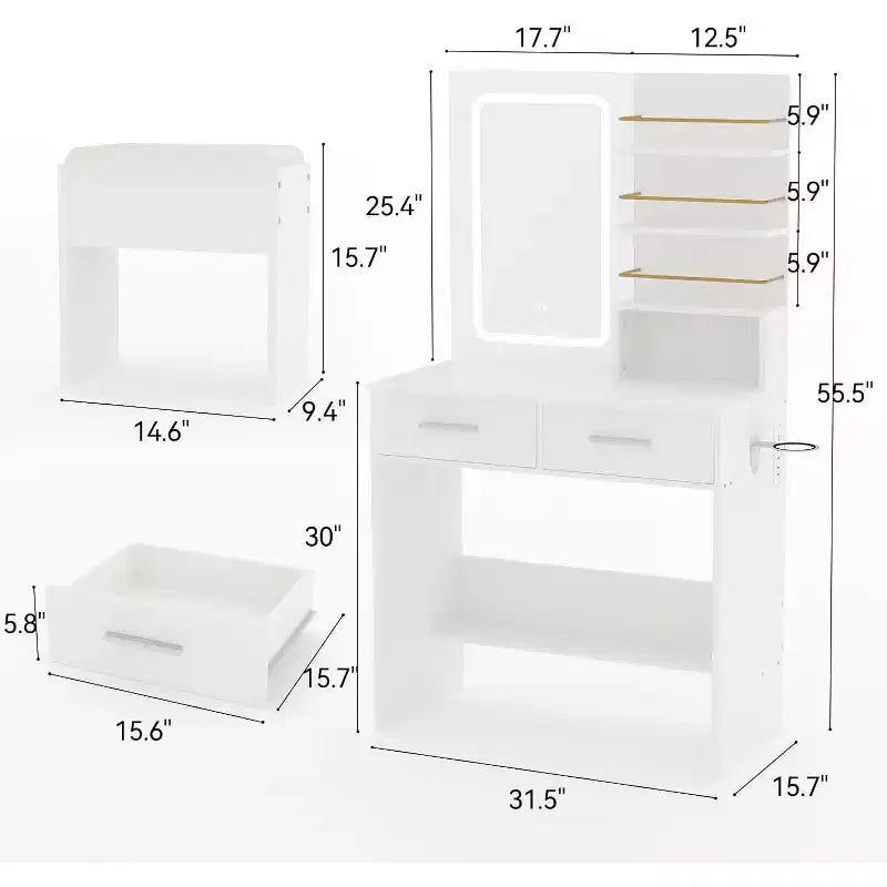 Coiffeuse COZONY avec miroir et lumières, Table de maquillage avec 2 tiroirs, Étagères de rangement ouvertes, 3 modes d'éclairage réglables pour chambre à coucher