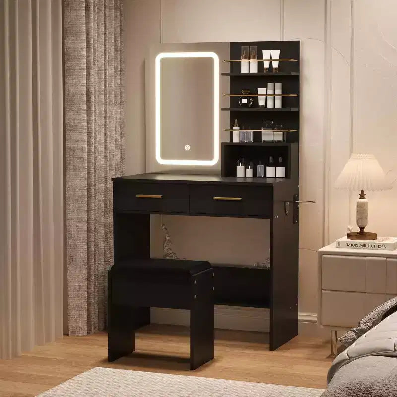 Coiffeuse COZONY avec miroir et lumières, Table de maquillage avec 2 tiroirs, Étagères de rangement ouvertes, 3 modes d'éclairage réglables pour chambre à coucher