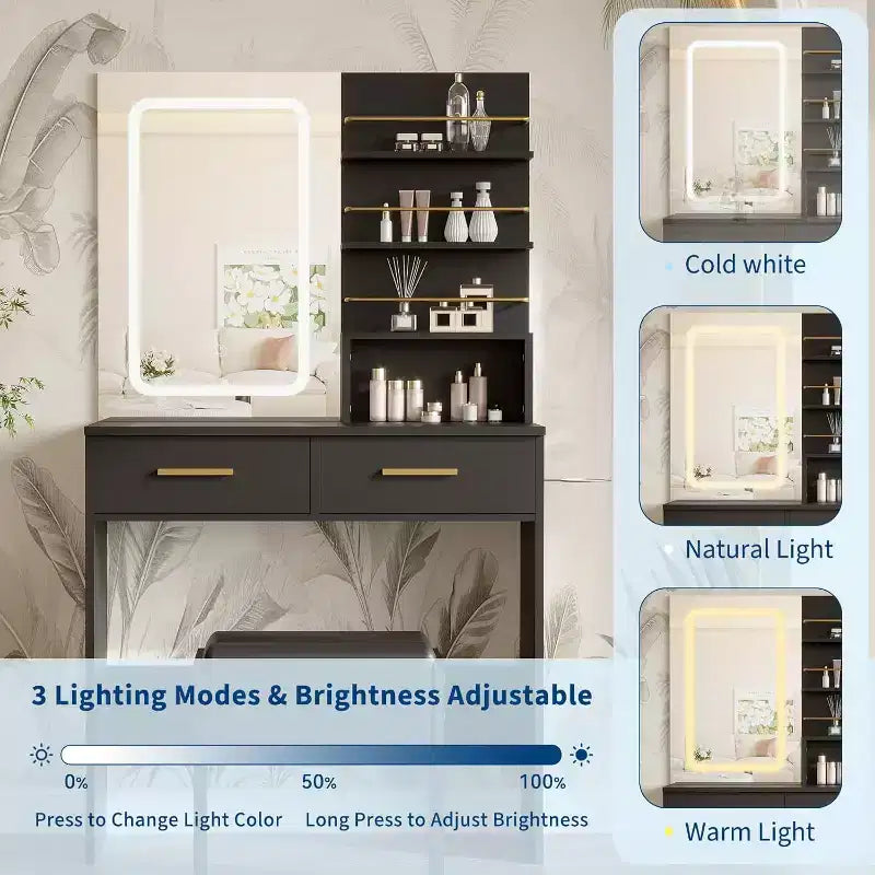 Coiffeuse COZONY avec miroir et lumières, Table de maquillage avec 2 tiroirs, Étagères de rangement ouvertes, 3 modes d'éclairage réglables pour chambre à coucher