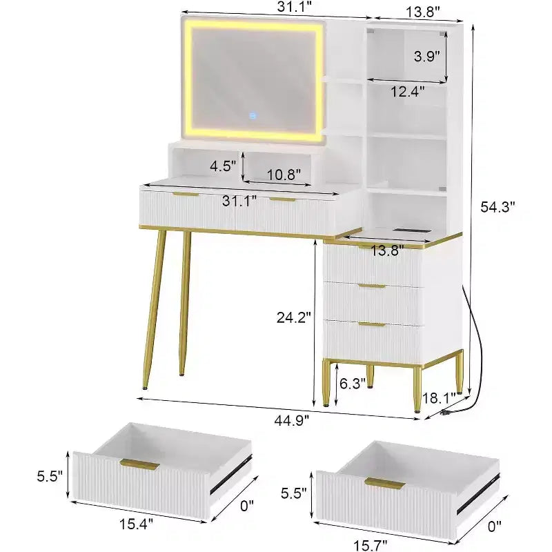 Coiffeuse cannelée Acekool avec miroir, 5 tiroirs, étagères en verre, éclairage réglable, ports de charge, table de chevet de chambre à coucher, couleur bois, 45 pouces