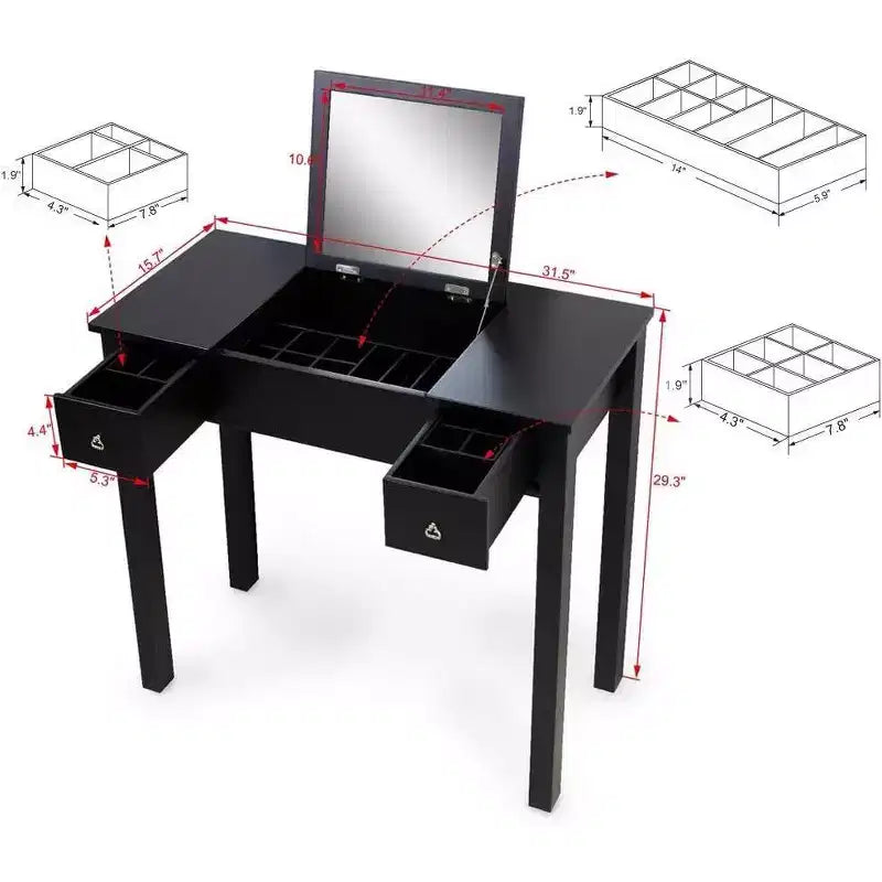 Coiffeuse Acekool avec miroir rabattable, cloison amovible, 2 tiroirs, bureau de maquillage multi-usage pour chambre, noir, style milieu du siècle