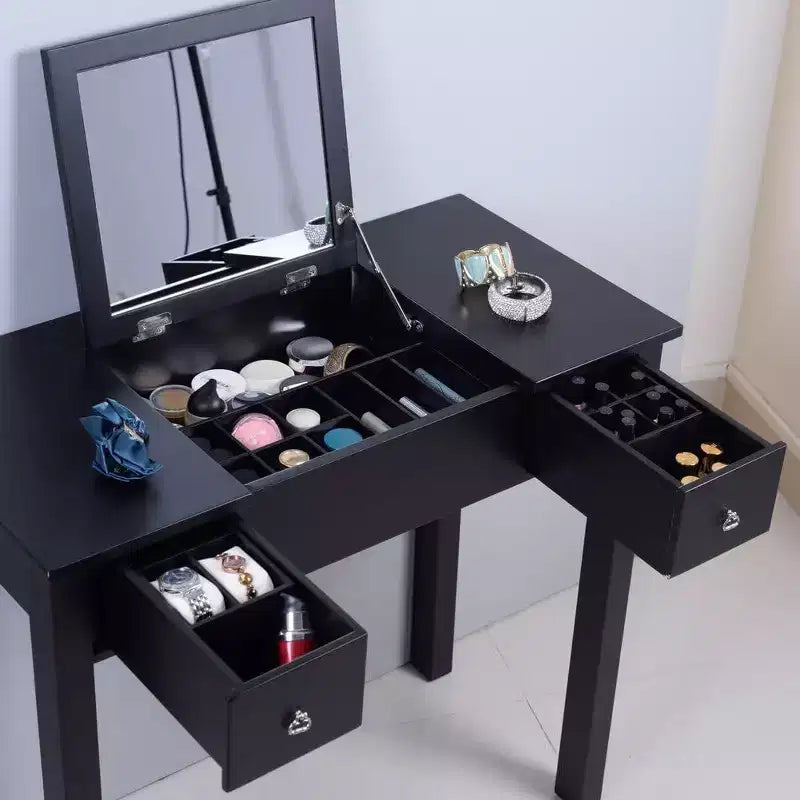 Coiffeuse Acekool avec miroir rabattable, cloison amovible, 2 tiroirs, bureau de maquillage multi-usage pour chambre, noir, style milieu du siècle