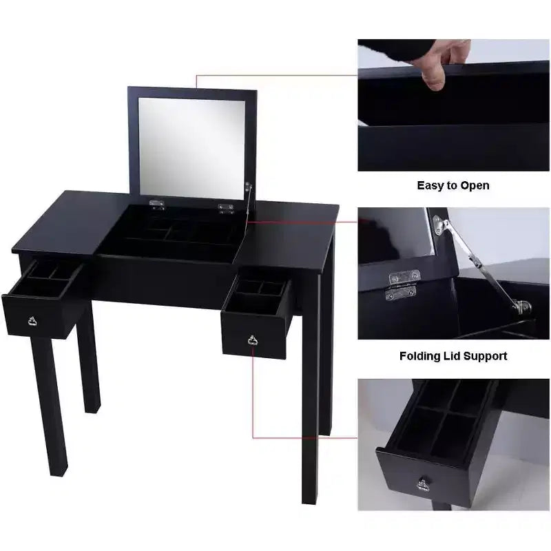 Coiffeuse Acekool avec miroir rabattable, cloison amovible, 2 tiroirs, bureau de maquillage multi-usage pour chambre, noir, style milieu du siècle