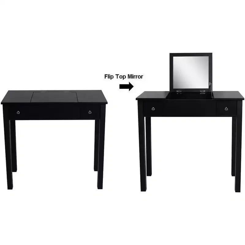 Coiffeuse Acekool avec miroir rabattable, cloison amovible, 2 tiroirs, bureau de maquillage multi-usage pour chambre, noir, style milieu du siècle