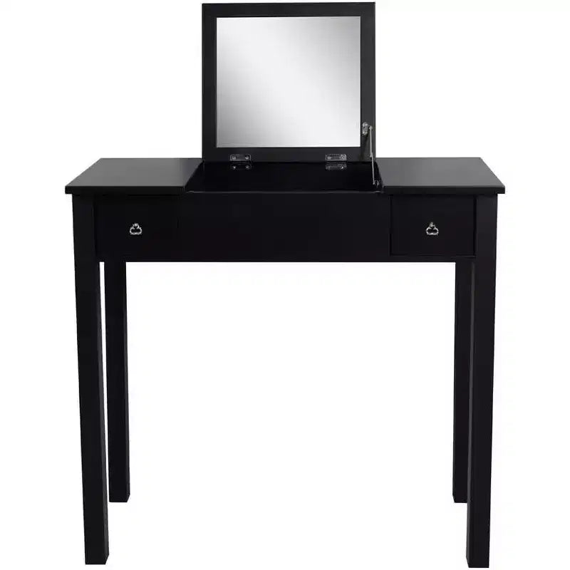 Coiffeuse Acekool avec miroir rabattable, cloison amovible, 2 tiroirs, bureau de maquillage multi-usage pour chambre, noir, style milieu du siècle