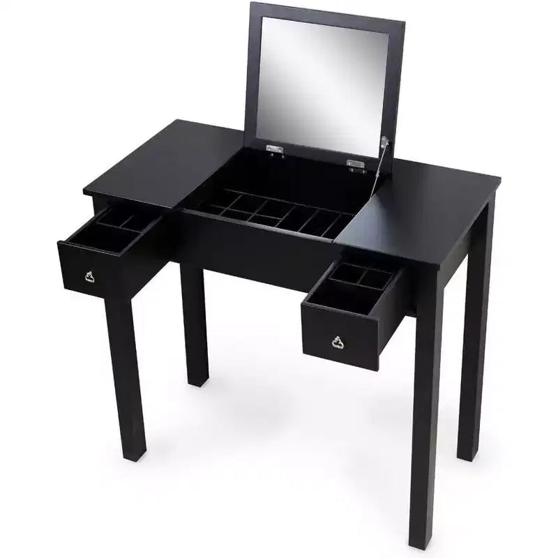 Coiffeuse Acekool avec miroir rabattable, cloison amovible, 2 tiroirs, bureau de maquillage multi-usage pour chambre, noir, style milieu du siècle