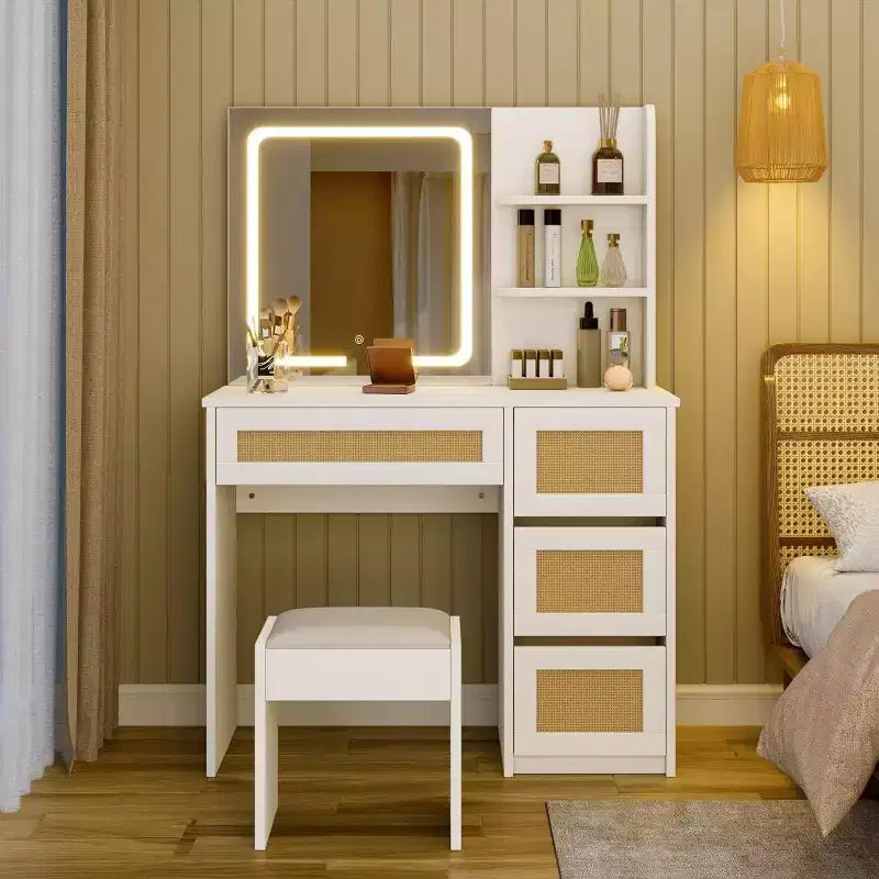 Coiffeuse Acekool en rotin blanc avec miroir LED réglable, 4 tiroirs et 2 étagères ouvertes, grande table de maquillage pour chambre à coucher
