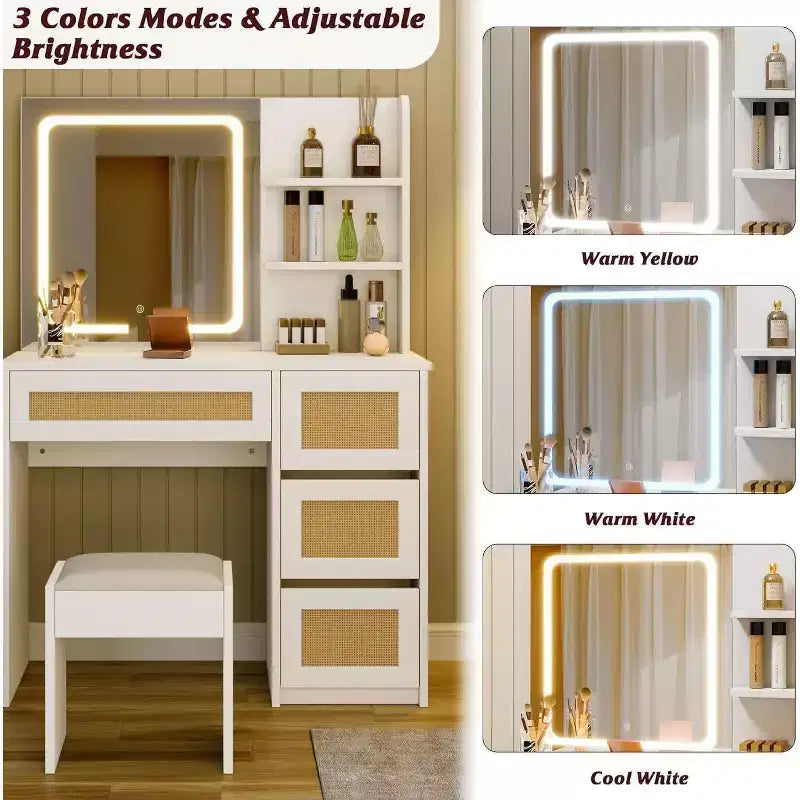 Coiffeuse Acekool en rotin blanc avec miroir LED réglable, 4 tiroirs et 2 étagères ouvertes, grande table de maquillage pour chambre à coucher