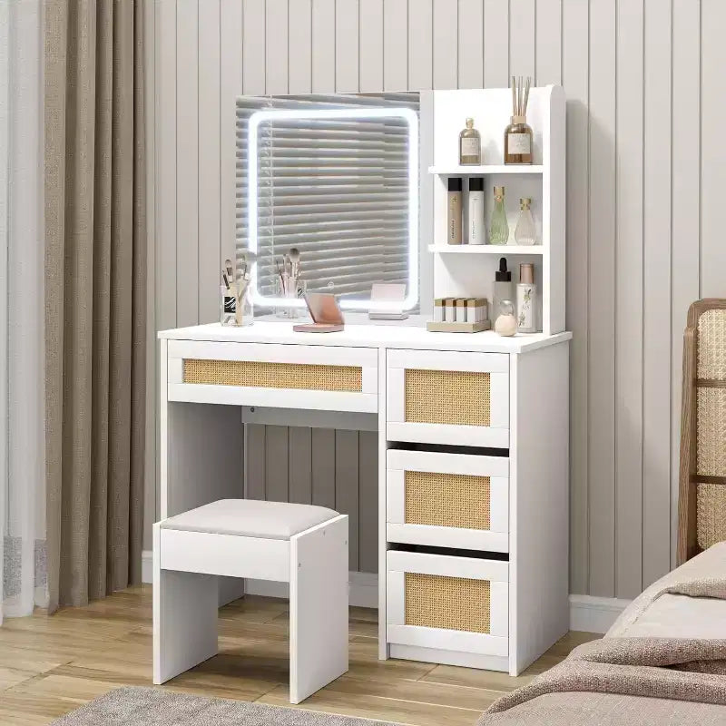Coiffeuse Acekool en rotin blanc avec miroir LED réglable, 4 tiroirs et 2 étagères ouvertes, grande table de maquillage pour chambre à coucher