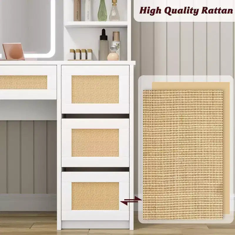 Coiffeuse Acekool en rotin blanc avec miroir LED réglable, 4 tiroirs et 2 étagères ouvertes, grande table de maquillage pour chambre à coucher