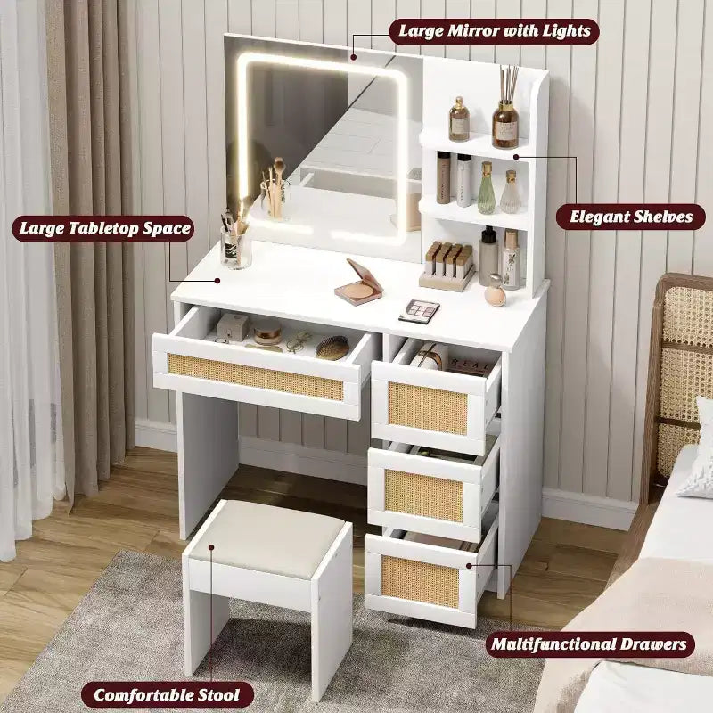 Coiffeuse Acekool en rotin blanc avec miroir LED réglable, 4 tiroirs et 2 étagères ouvertes, grande table de maquillage pour chambre à coucher