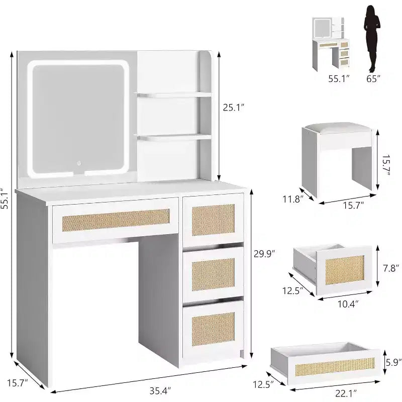 Coiffeuse Acekool en rotin blanc avec miroir LED réglable, 4 tiroirs et 2 étagères ouvertes, grande table de maquillage pour chambre à coucher