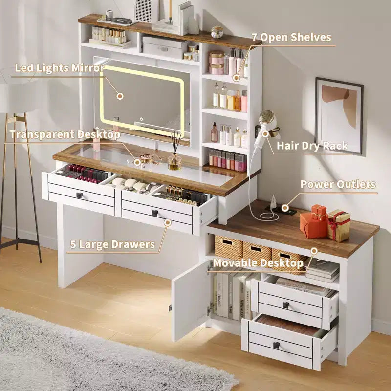 Coiffeuse avec plateau en verre, 5 tiroirs, 6 étagères de rangement ouvertes, plateau en verre avec fenêtre de visualisation, coiffeuse extensible pour chambre à coucher