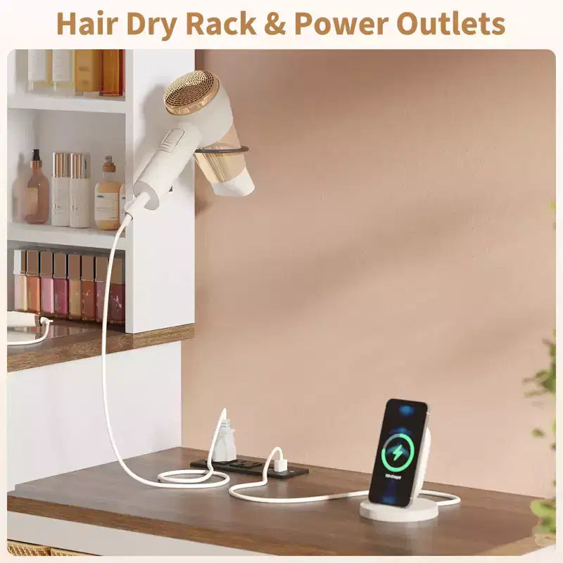 Coiffeuse avec plateau en verre, 5 tiroirs, 6 étagères de rangement ouvertes, plateau en verre avec fenêtre de visualisation, coiffeuse extensible pour chambre à coucher