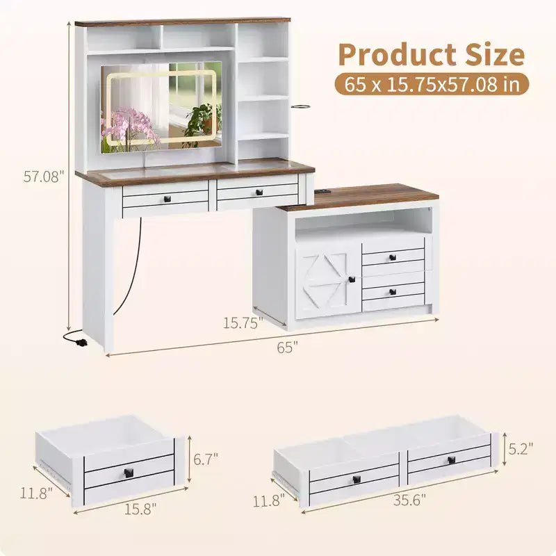 Coiffeuse avec plateau en verre, 5 tiroirs, 6 étagères de rangement ouvertes, plateau en verre avec fenêtre de visualisation, coiffeuse extensible pour chambre à coucher