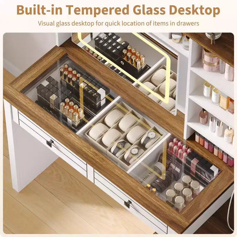 Coiffeuse avec plateau en verre, 5 tiroirs, 6 étagères de rangement ouvertes, plateau en verre avec fenêtre de visualisation, coiffeuse extensible pour chambre à coucher
