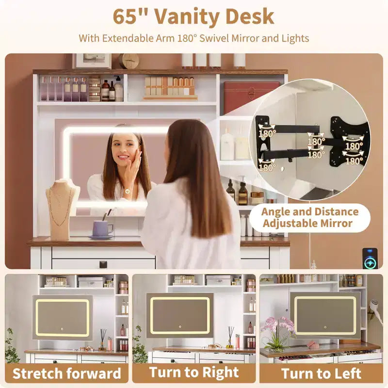 Coiffeuse avec plateau en verre, 5 tiroirs, 6 étagères de rangement ouvertes, plateau en verre avec fenêtre de visualisation, coiffeuse extensible pour chambre à coucher