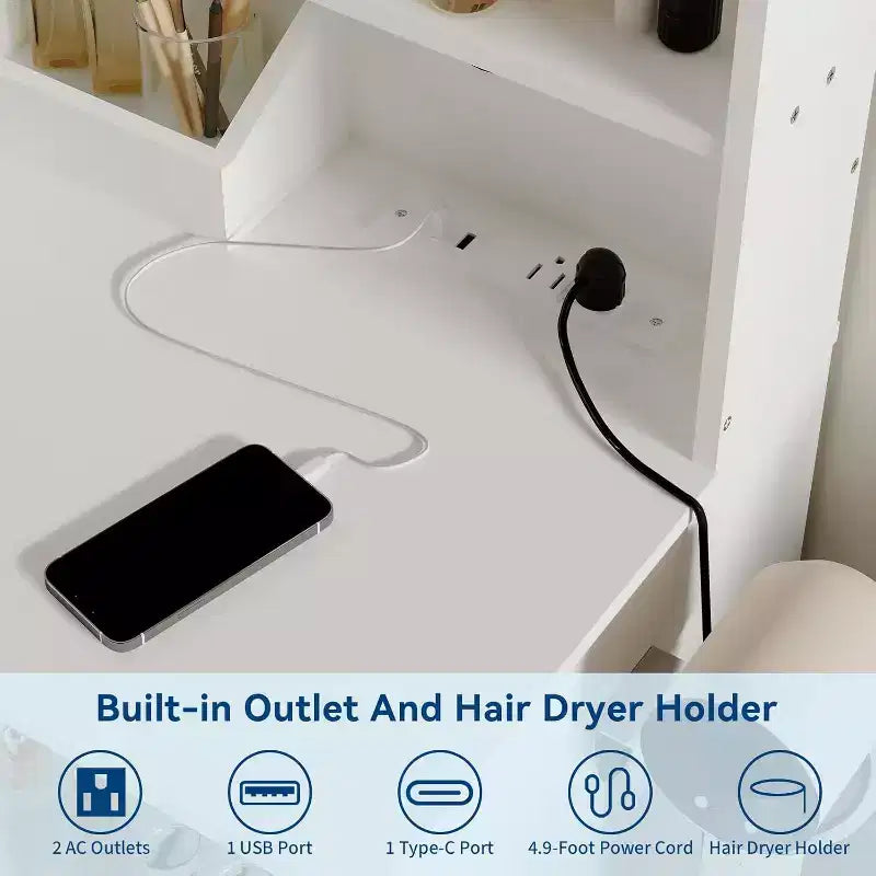 Coiffeuse avec miroir et lumières, 2 tiroirs et étagères de rangement ouvertes, 3 modes d'éclairage à luminosité réglable, pour chambre à coucher