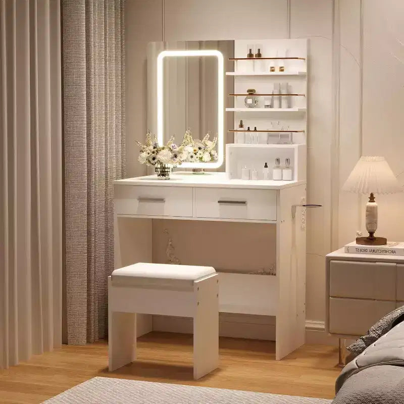 Coiffeuse avec miroir et lumières, 2 tiroirs et étagères de rangement ouvertes, 3 modes d'éclairage à luminosité réglable, pour chambre à coucher