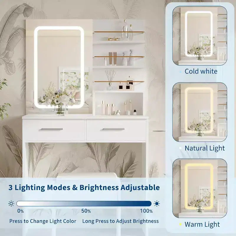 Coiffeuse avec miroir et lumières, 2 tiroirs et étagères de rangement ouvertes, 3 modes d'éclairage à luminosité réglable, pour chambre à coucher
