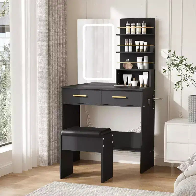 Coiffeuse avec miroir et lumières, 2 tiroirs et étagères de rangement ouvertes, 3 modes d'éclairage à luminosité réglable, pour chambre à coucher