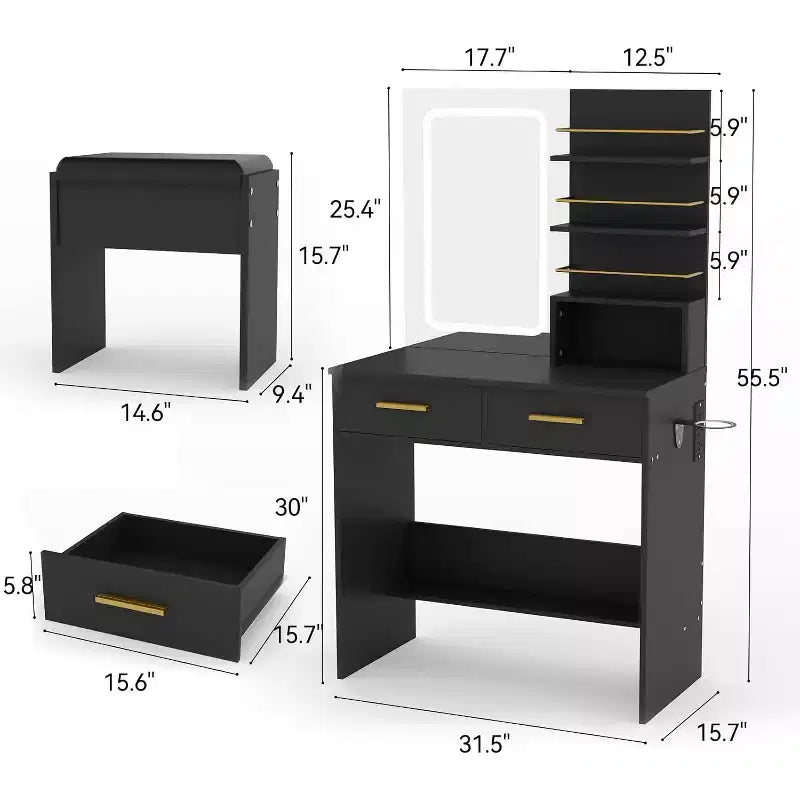 Coiffeuse avec miroir et lumières, 2 tiroirs et étagères de rangement ouvertes, 3 modes d'éclairage à luminosité réglable, pour chambre à coucher