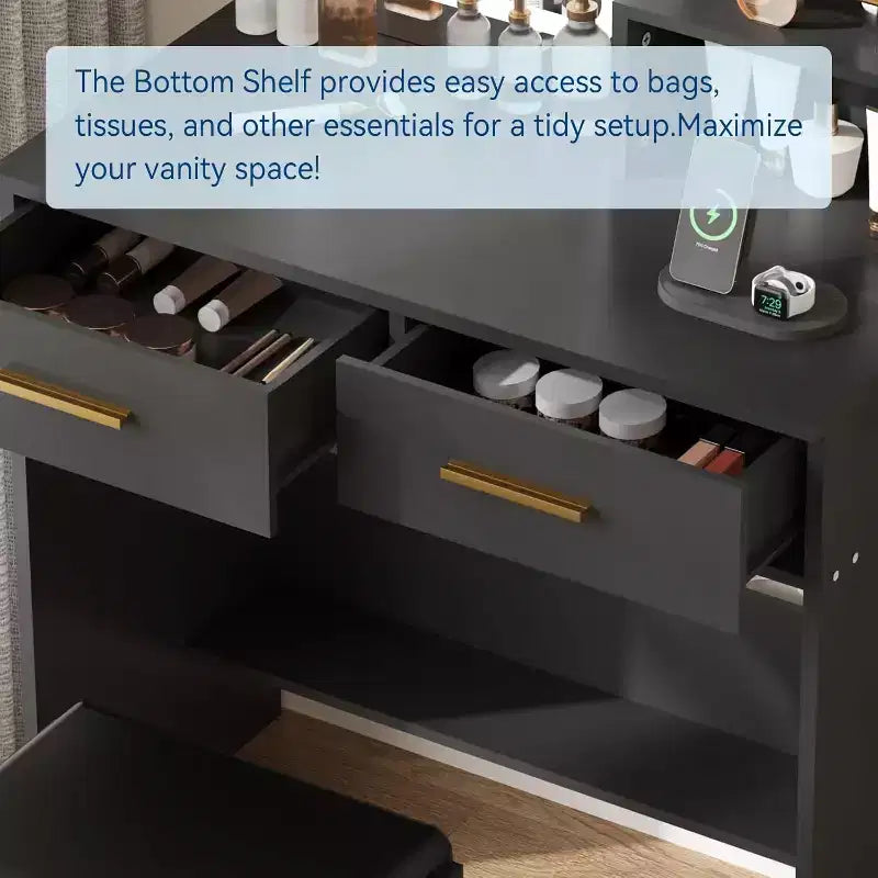 Coiffeuse avec miroir et lumières, 2 tiroirs et étagères de rangement ouvertes, 3 modes d'éclairage à luminosité réglable, pour chambre à coucher