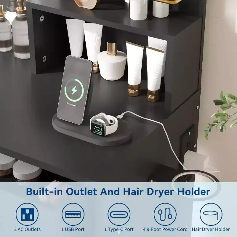 Coiffeuse avec miroir et lumières, 2 tiroirs et étagères de rangement ouvertes, 3 modes d'éclairage à luminosité réglable, pour chambre à coucher