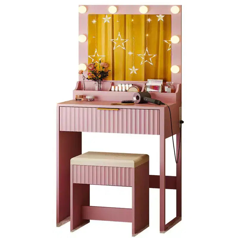 Coiffeuse en panneaux de particules blancs plaqués mélaminé texturé, avec 1 tiroir, 3 compartiments et 8 ampoules à intensité variable trois couleurs