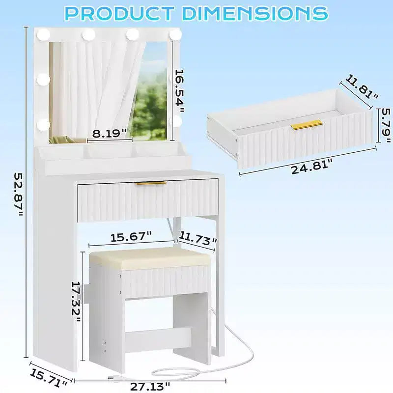 Coiffeuse en panneaux de particules blancs plaqués mélaminé texturé, avec 1 tiroir, 3 compartiments et 8 ampoules à intensité variable trois couleurs