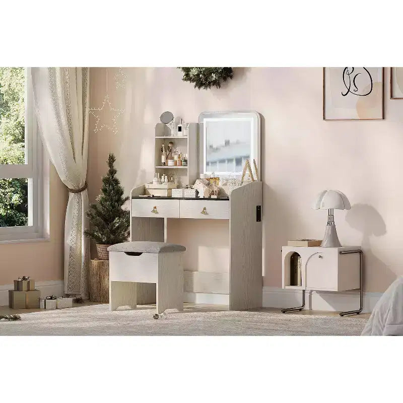Coiffeuse avec miroir lumineux LED, ensemble de coiffeuse avec 2 tiroirs et station de charge, petit ensemble de coiffeuse avec tabouret de rangement, cadeau pour femme