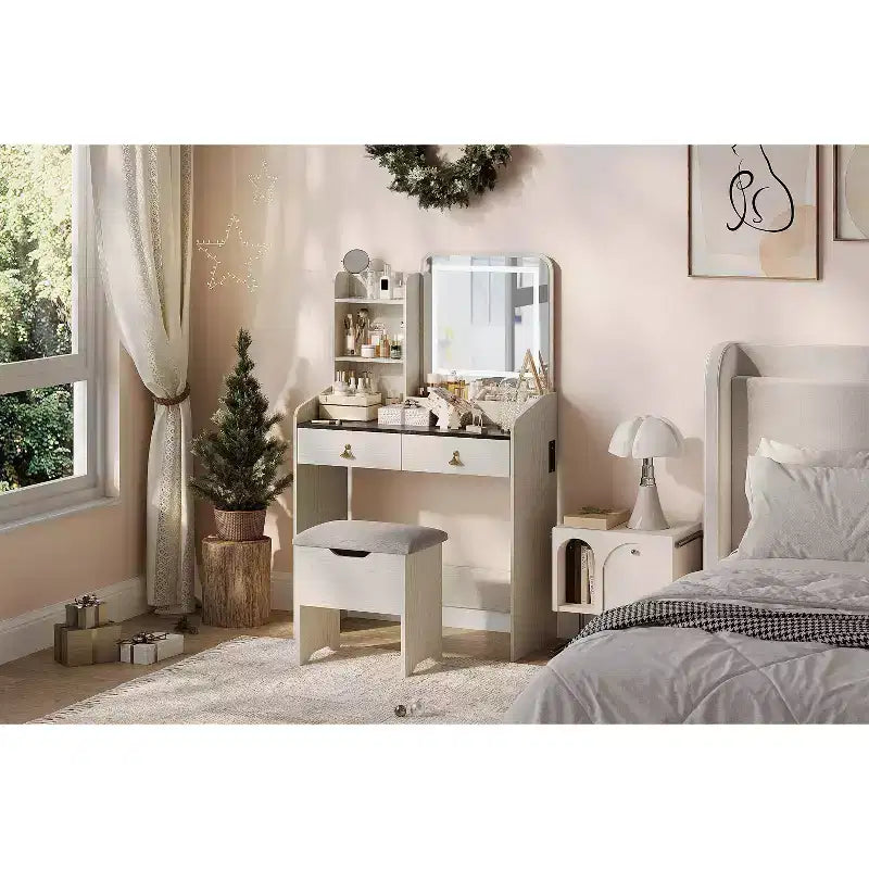 Coiffeuse avec miroir lumineux LED, ensemble de coiffeuse avec 2 tiroirs et station de charge, petit ensemble de coiffeuse avec tabouret de rangement, cadeau pour femme