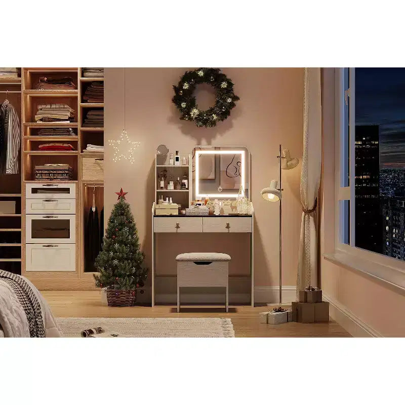 Coiffeuse avec miroir lumineux LED, ensemble de coiffeuse avec 2 tiroirs et station de charge, petit ensemble de coiffeuse avec tabouret de rangement, cadeau pour femme