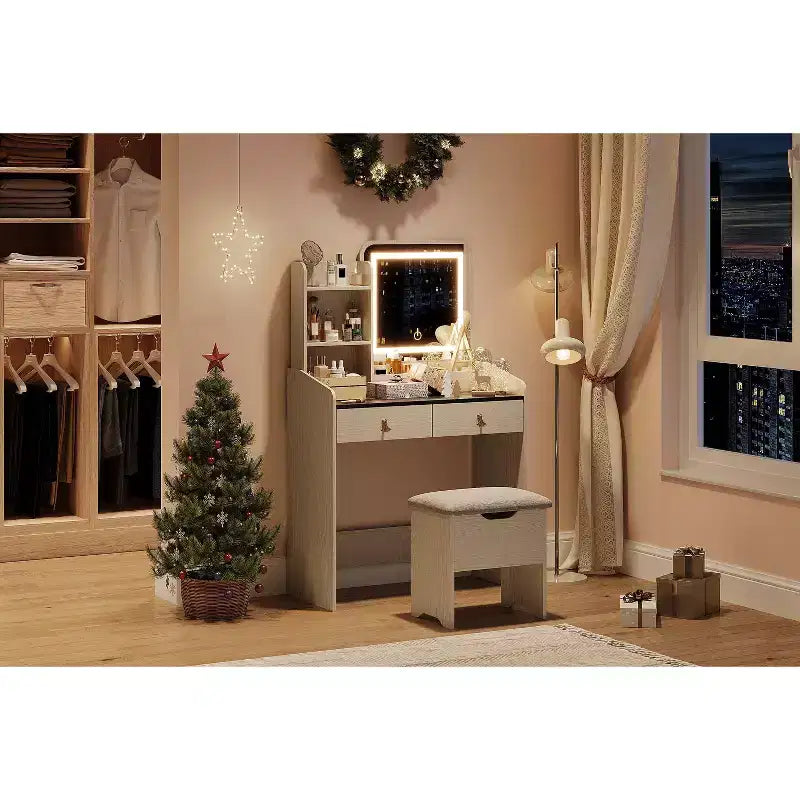 Coiffeuse avec miroir lumineux LED, ensemble de coiffeuse avec 2 tiroirs et station de charge, petit ensemble de coiffeuse avec tabouret de rangement, cadeau pour femme
