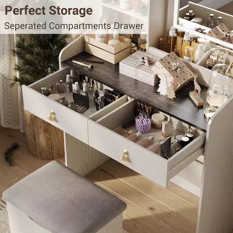 Coiffeuse avec miroir lumineux LED, ensemble de coiffeuse avec 2 tiroirs et station de charge, petit ensemble de coiffeuse avec tabouret de rangement, cadeau pour femme