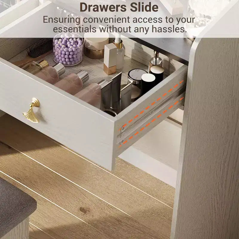 Coiffeuse avec miroir lumineux LED, ensemble de coiffeuse avec 2 tiroirs et station de charge, petit ensemble de coiffeuse avec tabouret de rangement, cadeau pour femme