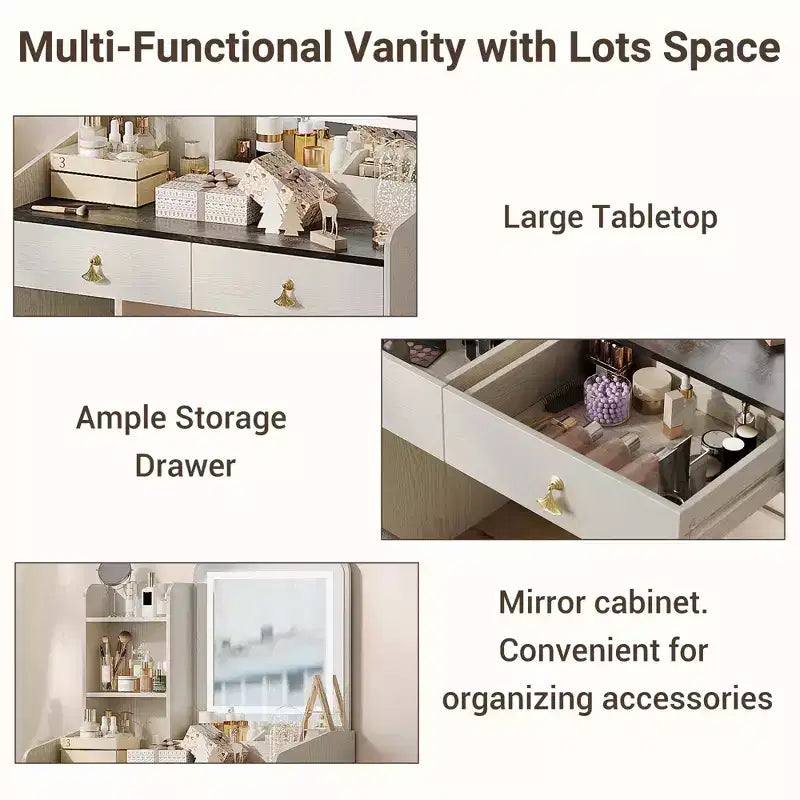 Coiffeuse avec miroir lumineux LED, ensemble de coiffeuse avec 2 tiroirs et station de charge, petit ensemble de coiffeuse avec tabouret de rangement, cadeau pour femme