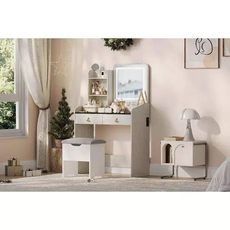 Coiffeuse avec miroir lumineux LED, ensemble de coiffeuse avec 2 tiroirs et station de charge, petit ensemble de coiffeuse avec tabouret de rangement, cadeau pour femme