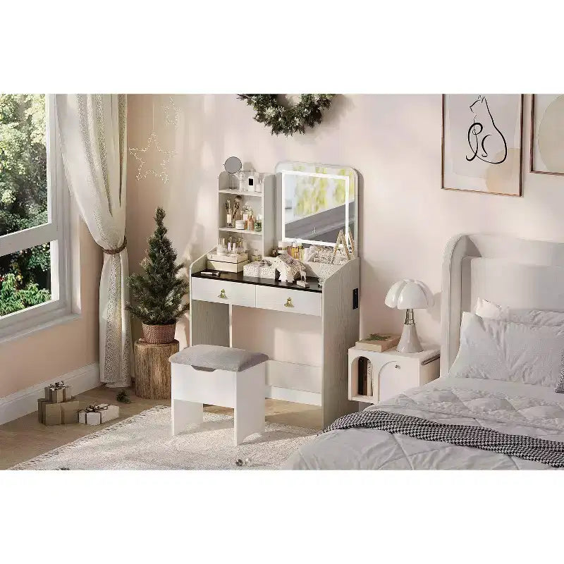 Coiffeuse avec miroir lumineux LED, ensemble de coiffeuse avec 2 tiroirs et station de charge, petit ensemble de coiffeuse avec tabouret de rangement, cadeau pour femme