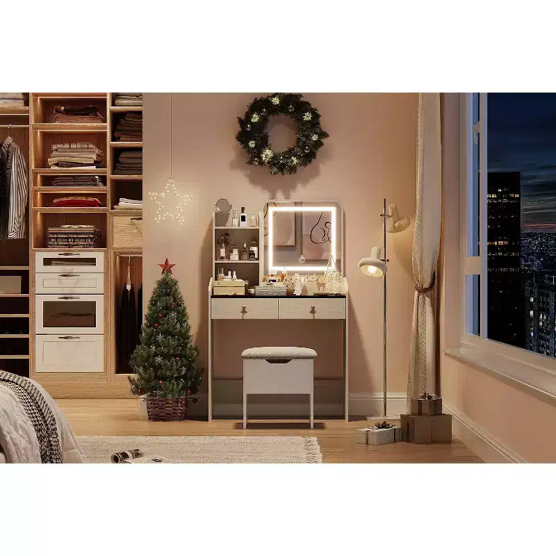 Coiffeuse avec miroir lumineux LED, ensemble de coiffeuse avec 2 tiroirs et station de charge, petit ensemble de coiffeuse avec tabouret de rangement, cadeau pour femme