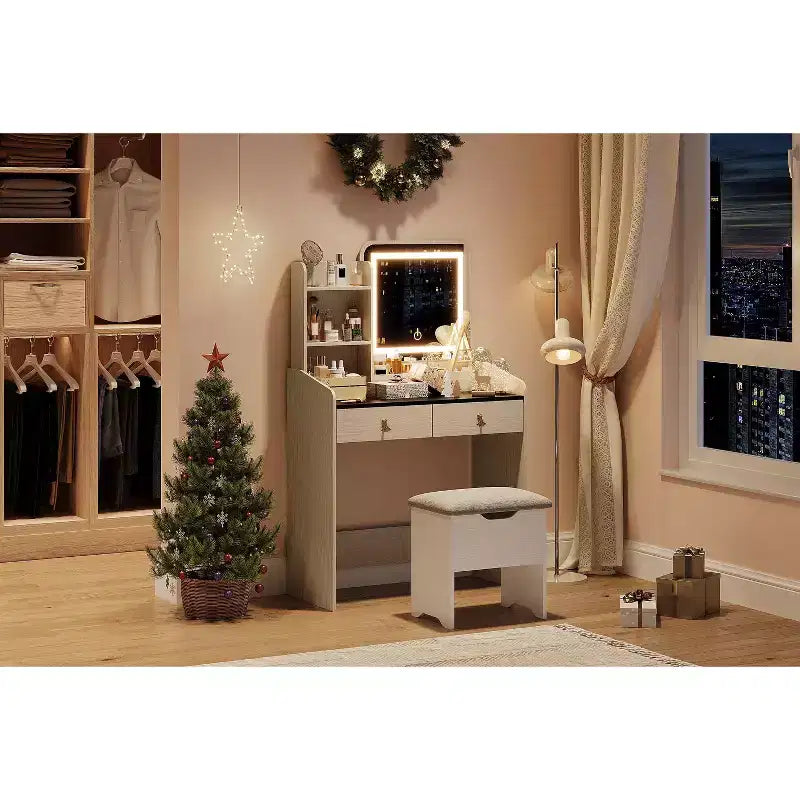 Coiffeuse avec miroir lumineux LED, ensemble de coiffeuse avec 2 tiroirs et station de charge, petit ensemble de coiffeuse avec tabouret de rangement, cadeau pour femme