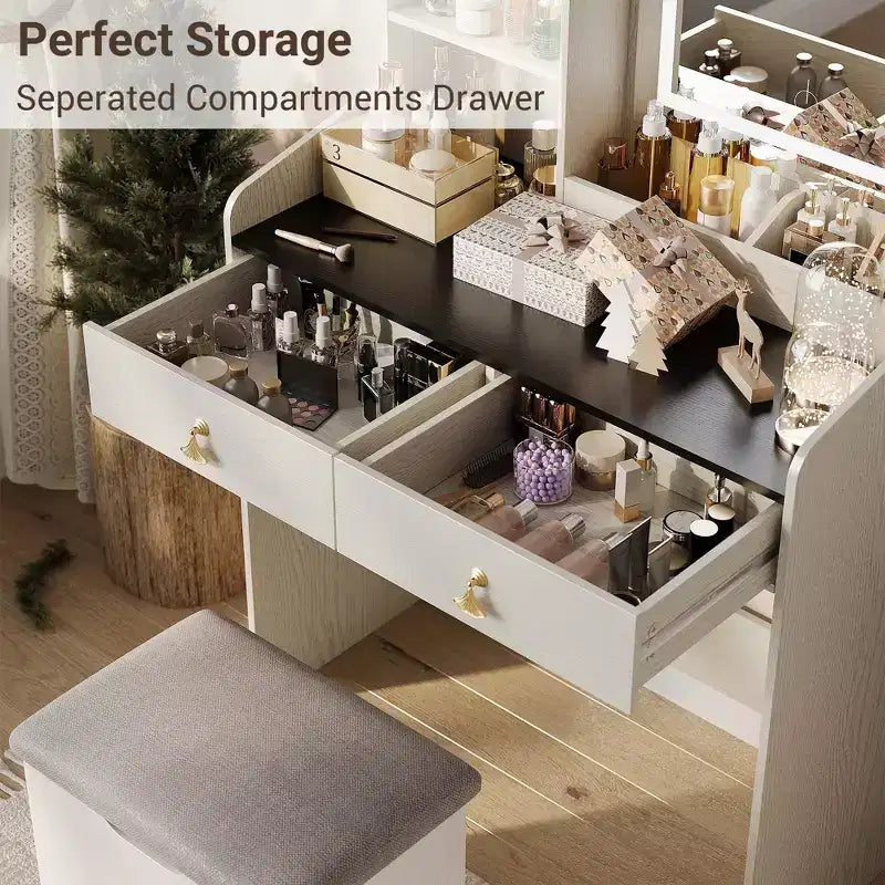 Coiffeuse avec miroir lumineux LED, ensemble de coiffeuse avec 2 tiroirs et station de charge, petit ensemble de coiffeuse avec tabouret de rangement, cadeau pour femme