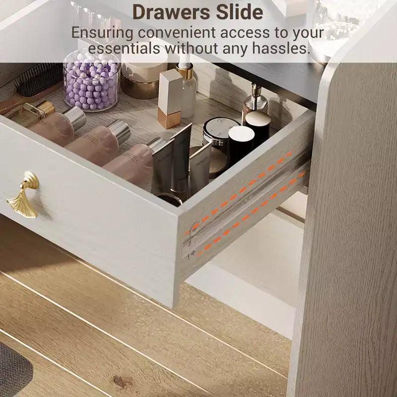 Coiffeuse avec miroir lumineux LED, ensemble de coiffeuse avec 2 tiroirs et station de charge, petit ensemble de coiffeuse avec tabouret de rangement, cadeau pour femme
