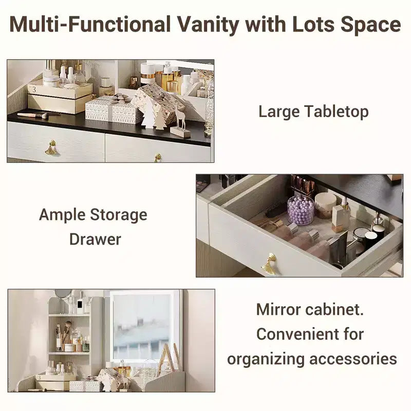 Coiffeuse avec miroir lumineux LED, ensemble de coiffeuse avec 2 tiroirs et station de charge, petit ensemble de coiffeuse avec tabouret de rangement, cadeau pour femme