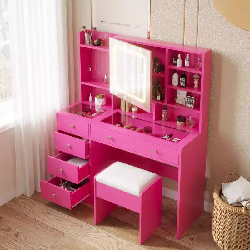 Coiffeuse Barbie rose avec 5 tiroirs en aggloméré et plateau en verre trempé, stratifiée avec de la mélamine texturée