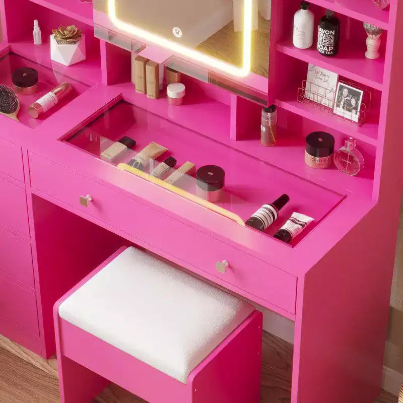 Coiffeuse Barbie rose avec 5 tiroirs en aggloméré et plateau en verre trempé, stratifiée avec de la mélamine texturée