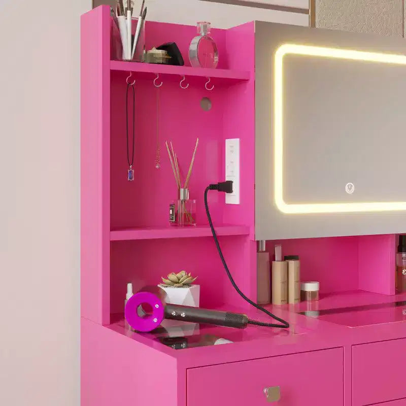 Coiffeuse Barbie rose avec 5 tiroirs en aggloméré et plateau en verre trempé, stratifiée avec de la mélamine texturée