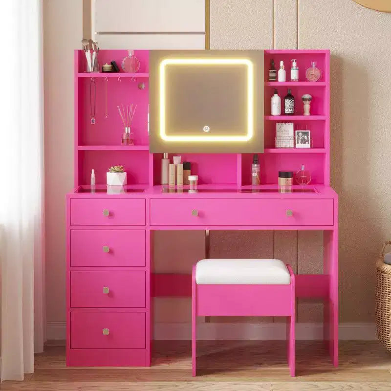 Coiffeuse Barbie rose avec 5 tiroirs en aggloméré et plateau en verre trempé, stratifiée avec de la mélamine texturée